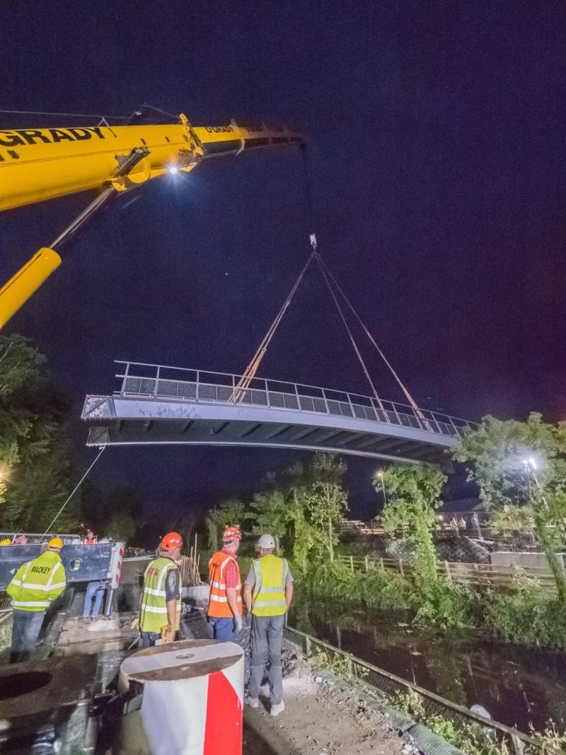 Up, up and away....Kildare's latest bridge is hoisted into place
