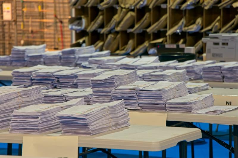 Stacks of General Election ballot papers at the Kildare Count Centre in Punchestown (Photo: Tony Keane)