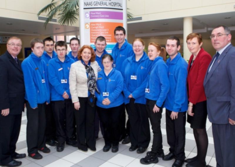 Junior  Health Minister Kathleen Lynch TD (centre) pictured with KARE Naas Hospital Inters (from left) Christy Lynch, CEO KARE; Mark Barber, Shane Cummins, Shane McGilton, Jason Baird, Darren King, Linda Brady, Stephen Roche, Diane Kenny, Sarah Kate O'Conner, Pat Bradley, Alice Kinsella, Acting General Manager, Naas Hospital; and Naas Deputy Mayor Cllr. Ger Dunne.     Photo Tony Keane