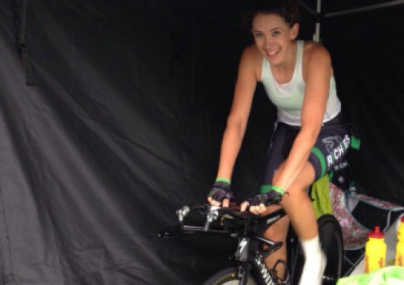 Caroline Ryan warming up in Rochfortbridge, Co. Westmeath last night in advance of retaining her national time trial title. Pic: Eoghan Connolly.
