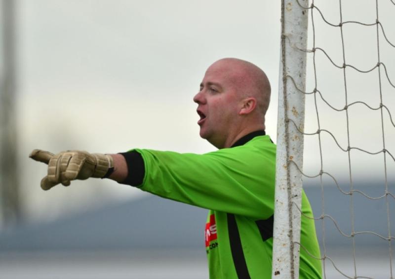 Castle Villa goalkeeper Alan Proctor against Liffey Celtic in the Kildare & District Football League CR Wynne Feeds Senior Dvision game at Mullarkey Park.