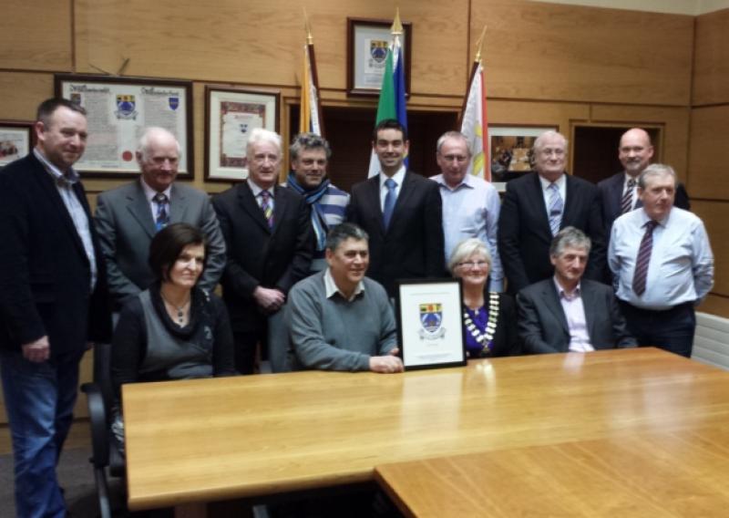 At the presentation by Leixlip Town Council  Shane Fitzgerald, Denis McCarthy, Sean Purcell, Anto Larkin, Joe Neville, Michael O'Brien, Colm Purcell, Peter Minnock, Bernard Caldwell. Front Row (l to r): Margaret Daly, Eddie Ryan, Teresa Byrne, Martin Quigley.
