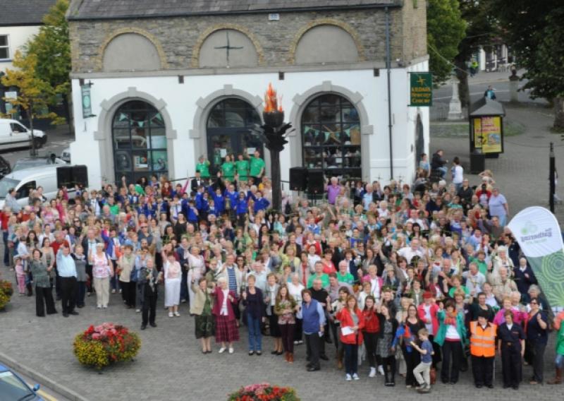 Pictured at Market Square in Kildare town were the record breakers for makeing the most St. Brigid's Crosses on the same day in the one location. on September 21.  Photo. Jimmy Fullam.