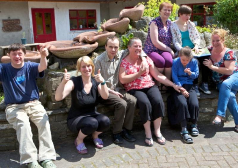 Group at Dunshane Camphill Community, who will go on holiday despite the theft of their holiday savings from Dunshane last week, (l-r) Ian, Thomas, Imelda, Geraldine, Rachel, Mary, and Shonach.                                        Photo Tony Keane.
