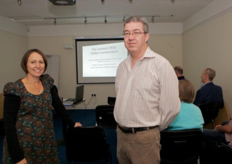 Suzanne Brosnan, Assistant Librarian, Newbridge Town Library, and author and historian, James Durney, pictured at their Talk  on 'The Lockout 1913�the Kildare Connections' in Newbridge library, one of the very many events during Heritage week in Kildare, August 17 to 24.
