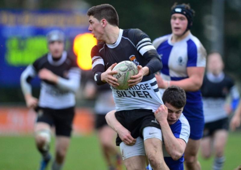 Jimmy O'Brien gets the ball away for Newbridge College against St Andrews in the Leinster schools league senior semi final at St Mary's
