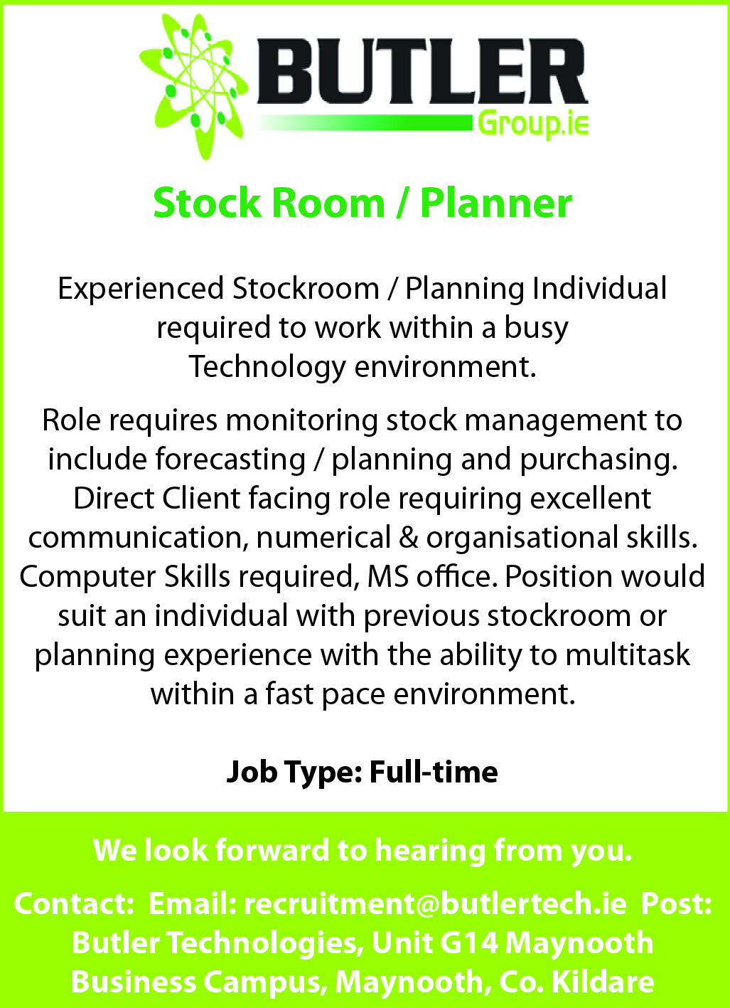 Kildare jobs alert stockroom/planning individual required Kildare Live